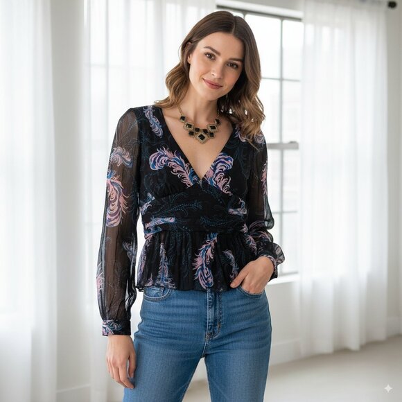 NWT BELLEVUE THE LABEL Zariah V Neck Sheer Black Floral Blouse Top - Picture 1 of 4